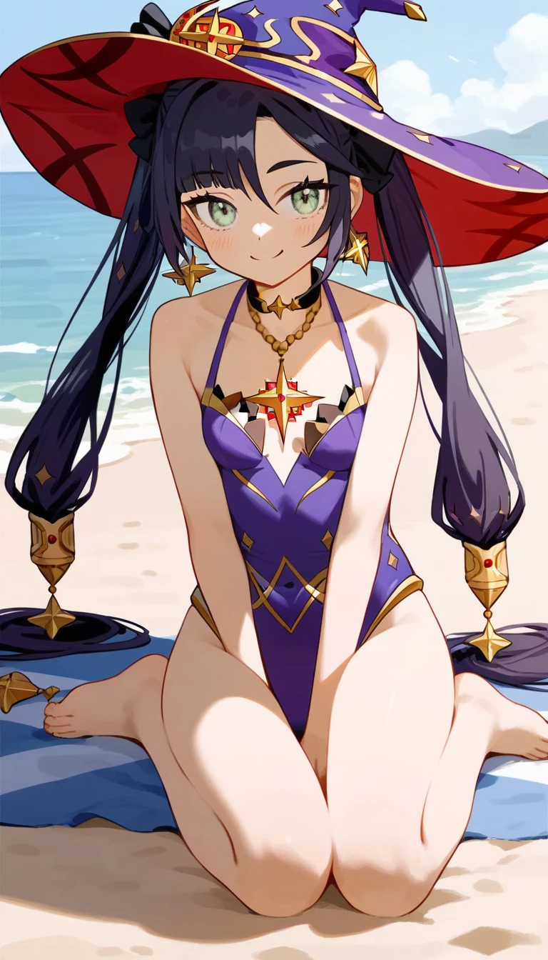 masterpiece,Ultra HD,score_4_上 BREAK source_anime,可愛いanimeイラスト, One girl, alone, Mona XL, Long black hair, Green Eyes, tsurime, Twin tails, Medium chest, View your viewers,smile,beach,Sitting,Purple Swimsuit