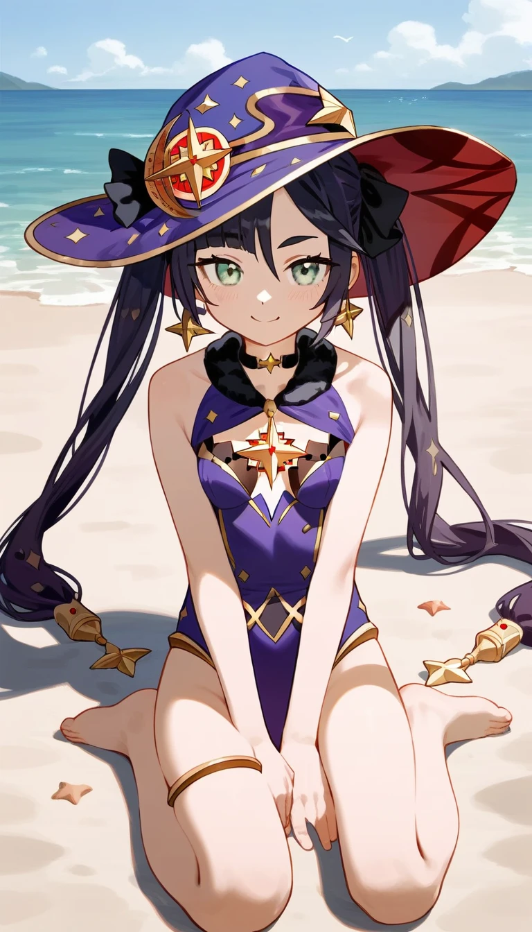 masterpiece,Ultra HD,score_4_上 BREAK source_anime,可愛いanimeイラスト, One girl, alone, Mona XL, Long black hair, Green Eyes, tsurime, Twin tails, Medium chest, View your viewers,smile,beach,Sitting,Purple Swimsuit