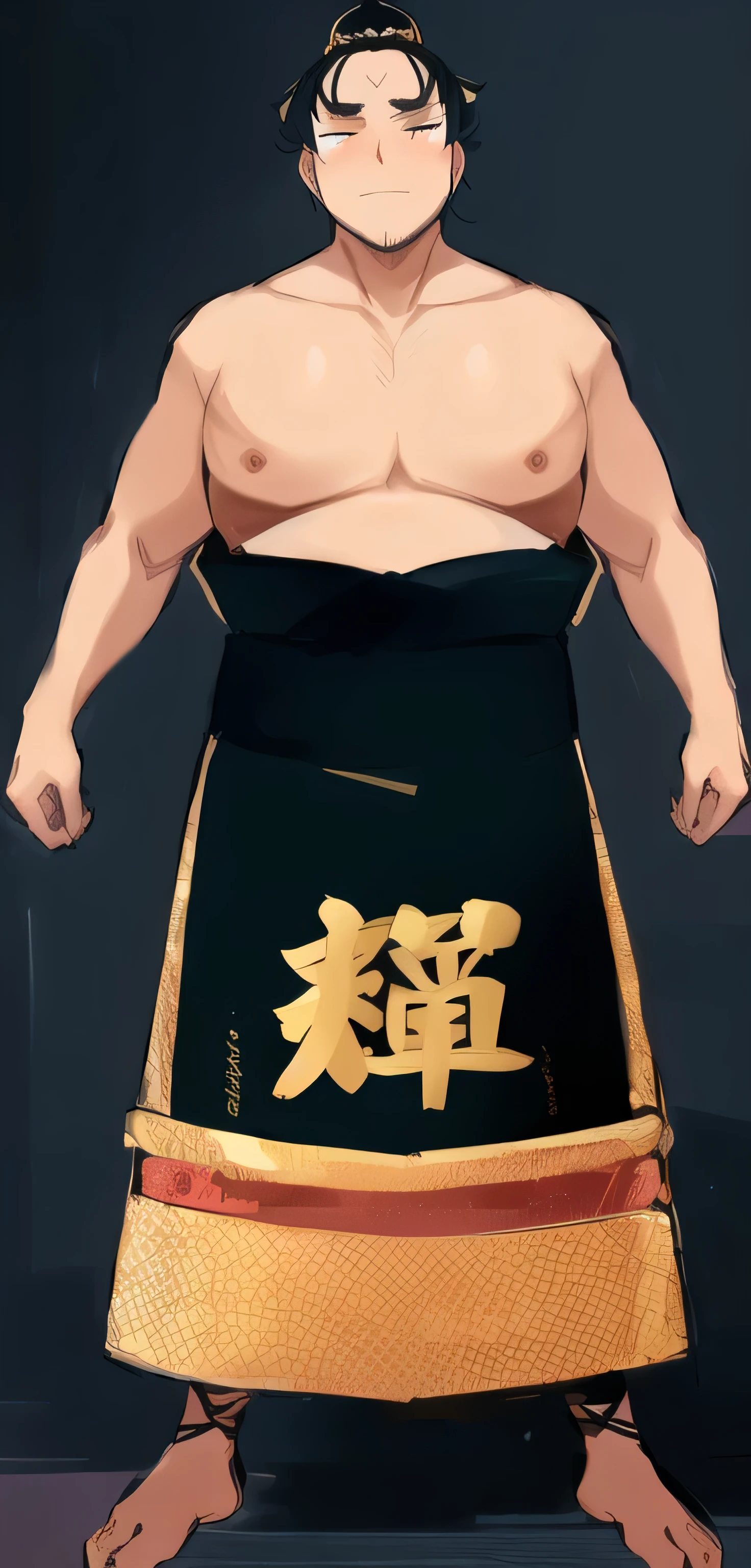 arafed sumo in a black and gold outfit with a hat, sumo japanese, ninchaku, inspired by Gatōken Shunshi, sumo wrestler, inspired by Baiōken Eishun, inspired by Shūbun Tenshō, momoshiki ōtsutsuki, with white kanji insignias, yuyushiki