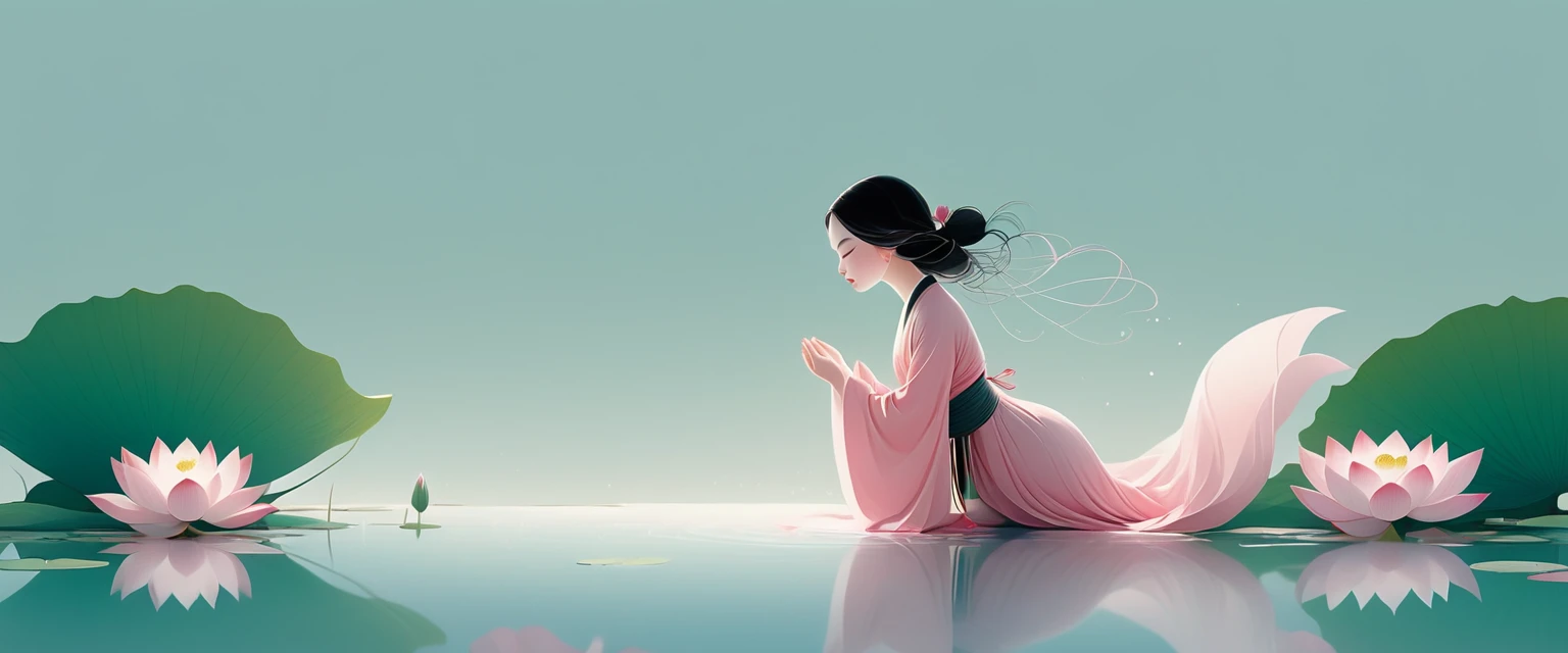 vector,Flat form,illustration,The Minimalists,数字艺术illustration,Pink hue,Abstract,artistic conception,Blooming,A little girl kneeling on the water(Right side of the screen),dancer;Pink clothing;Pretty Face,Black Hair,Hairpin;Lotus pond,Lotus decorative corner;Diving sensation,above(Light cyan)Lots of white space。