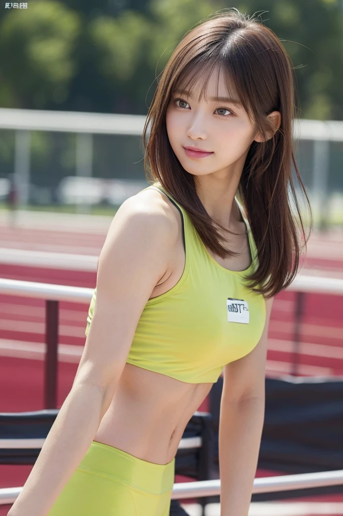 (8k, RAW photo, top quality, masterpiece: 1.2), (realistic, photorealistic: 1.37), ultra detail, ultra high resolution, one girl, (detailed background:1.2) beholder, beautiful detailed face, smile, constriction, (slim waist): 1.3), beautiful detailed skin, skin texture, floating hair, professional lighting, Japanese beautiful girl, long hair, bob cut, beautiful hair, 20 years old, attractive breasts, (huge breasts:1.2), beautiful shape breasts, full body from toes to head, standing, Shift gaze away, gaze into the distance, natural color hair, color inner hair, (track and field wear:1.4), sports bra, track and field short tight pants