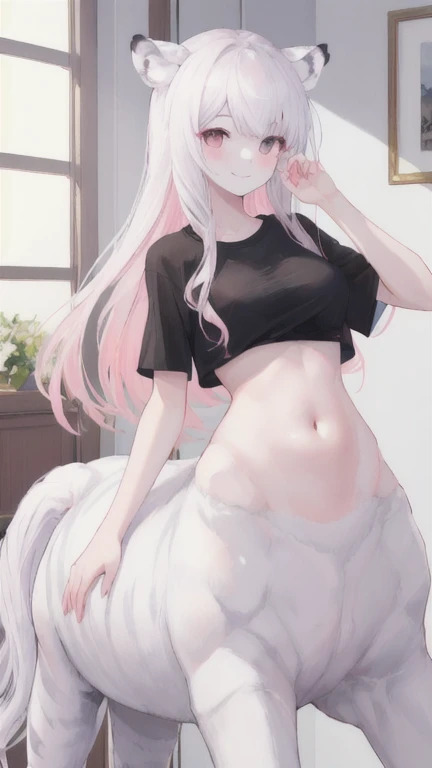 (best quality, masterpiece), 1 girl, centaur, It takes, White skin, Korean , celebrity,black pink,Smiling, exposing the abdomen, belly button t-shirt , 아름다운 소녀 perfect white tiger photo, perfect white tiger photo