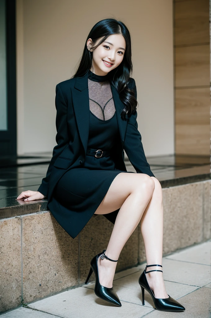 Pure young Japanese girl, outstanding body, beautiful legs, wearing dark colors gothic style suits, high heels, vivid makeup, natural black hair styles, sweet smile, professional portrait photography,