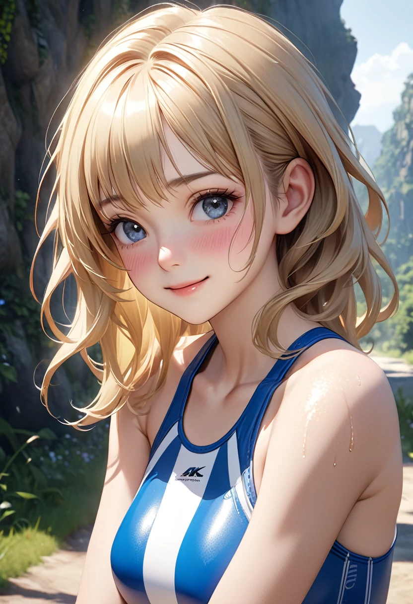 absurderes:2.0、(blue racing swimsuit)、realistic, Unity 8K Wallpaper, Masterpiece, Realistic face, Realistic skin feeling ,detailed hair, highly detailed, realistic glistening skin, Cute Girl, Perfect face, charming face, Glossy skin, (cowboy shot), embarrassed, blond hair、outdoor, light smile, active pose:1.3