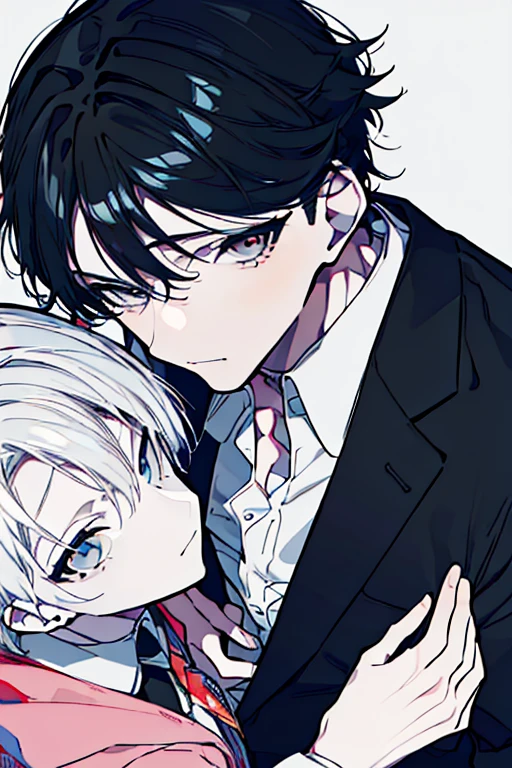(best quality), very detailed, ((two friendly men)), perfect face, Beautiful face, very detailed,(Black-haired man:1.3),(white haired man:1.3),suit,shirt, boy, boy, 10 years old, cute , small, Pinkish white skin,