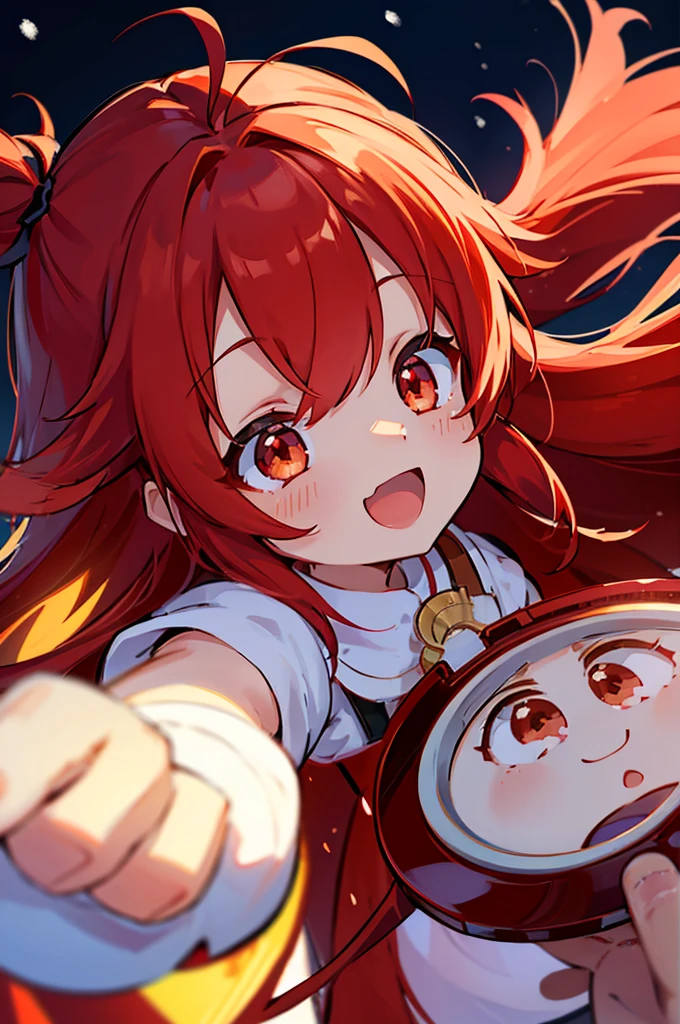1girl in, {{{long red hair}}}、{{{red and gold eyes}}}、Ahoge、A smile, open open mouth,Clear face,masterpiece, detailed shadow, Detailed light, ighly detailed, top-quality, hard disk, in 8K, hightquality、Clear face、snowy night