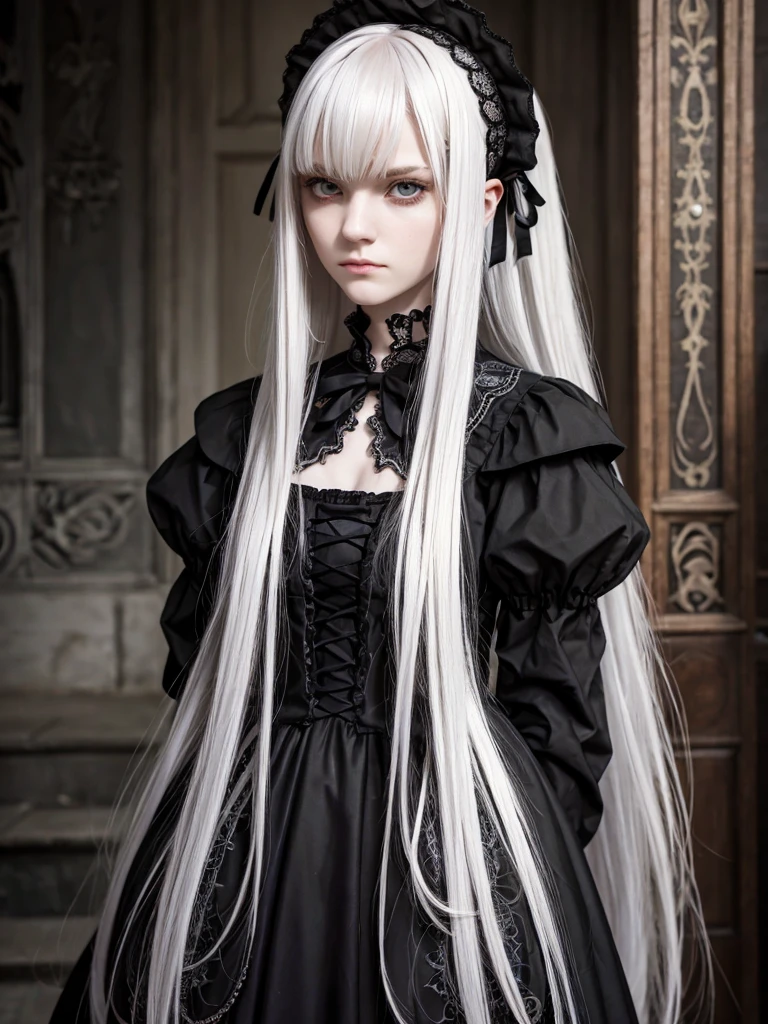 (best quality), 1girl, female, pale skin, split-color hair, black hair, white hair, long hair, parted bangs, straight hair, dark eyes, perfect eyes, slender, scowl, (dark fantasy), gothic lolita clothes, fully clothed, masterpiece, anatomically correct, highres
