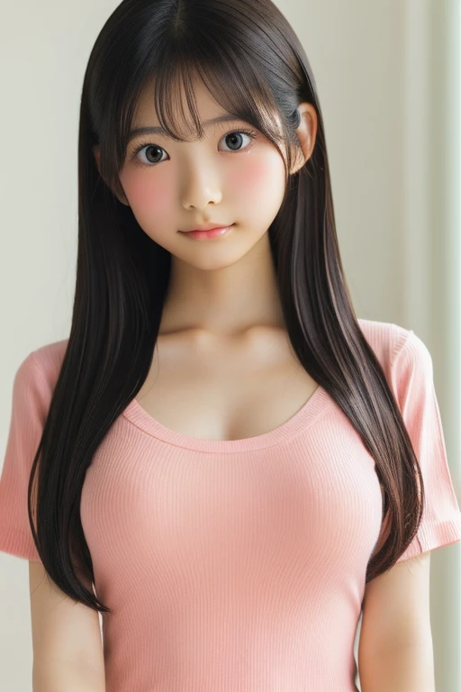 embarrassed,blush:1.5,Very young Japanese,,Light pink short sleeve ribbed knit,big breasts,Black Hair,Long Hair,Soft lips,Fine skin,(Glowing Skin),(masterpiece:1.4),(Highest quality:1.4),white background,medium close-up shot,straight-on,