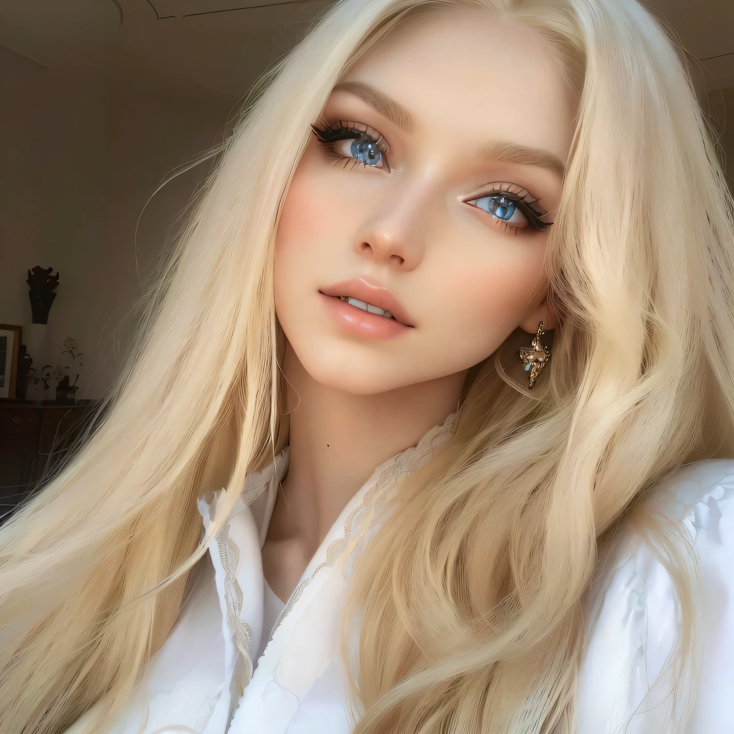 blonde woman with long hair and blue eyes posing for a picture, ava max, long blonde hair and large eyes, perfect white haired girl, yelena belova, beautiful blonde girl, angelawhite, blonde hair and large eyes, a gorgeous blonde, long blonde hair and big eyes, blonde and attractive features, anna nikonova aka newmilky, angelina stroganova