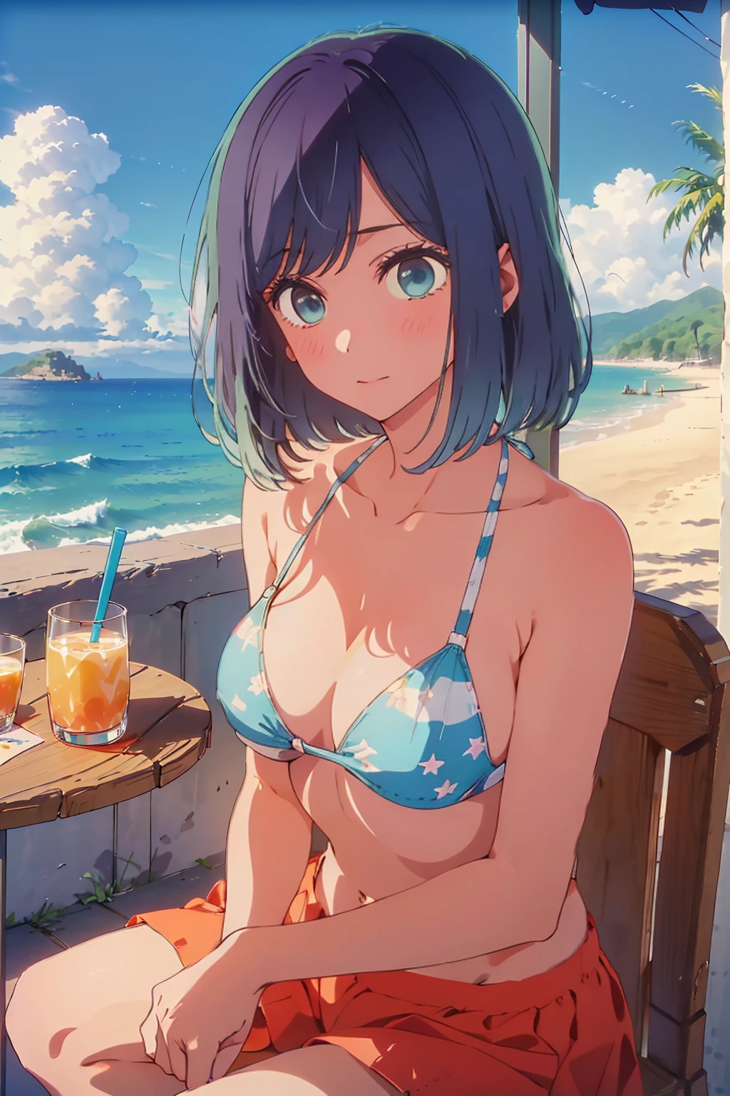 (Highest quality:1.4、masterpiece:1.4、Super detailed:1.4、8K:1.4)、((((1 person、Surprised expression、sit、Outdoor café terrace、coastal、juice、table、Sandy Beach、juiceのグラスを持つ、Plain Bikini、Very soft boobs、Big eyes、Very cute face))))、(moonlight:1.4、at midnight:1.4)、F cup bust、Medium breast