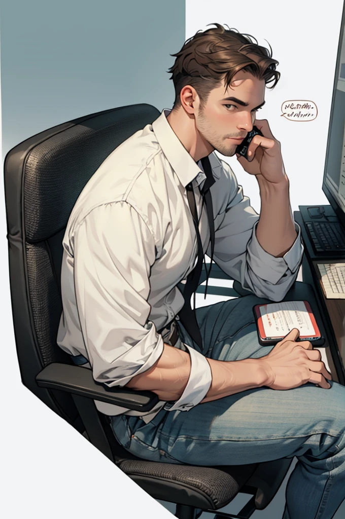 30s, male, Sit on a chair, Making a phone call, Background is white, Hand-drawn illustrations