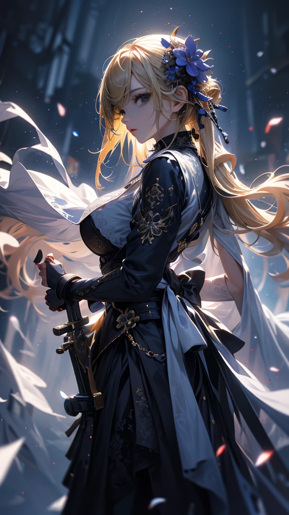 masterpiece, high quality, 4K, Beautiful design, silhouette，blonde， 非常に詳細な夜のStarry Sky,Flower Field， wonderful, Finer details,  Very knowledgeable woman, Highly detailed solo, 1 female,Big Breasts，All-white Gothic Lolita fashion，Firearms equipment，Blood splatter，Night view，Starry Sky，full moon，
