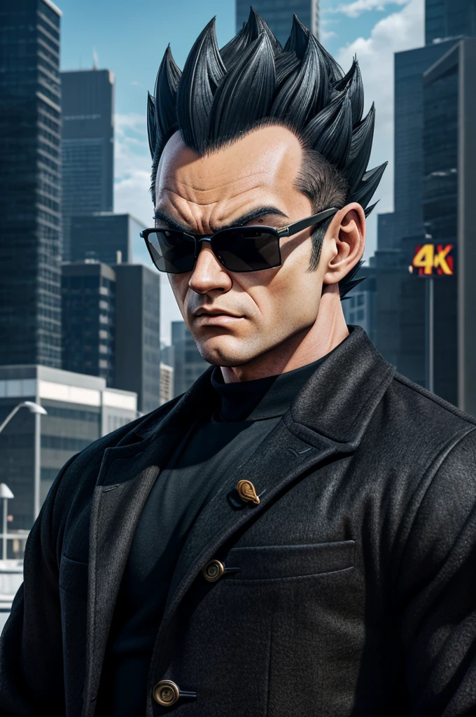 "a detailed artwork by Vegeta in an overcoat and a black shirt wearing sunglasses over his face with a serious expression, Dragon ball z, 4K, 8k, FULL HD, Corps entier, Dragon Ball Art Style, Hyperrealistic drawing style, Clean and detailed anime art, city background."