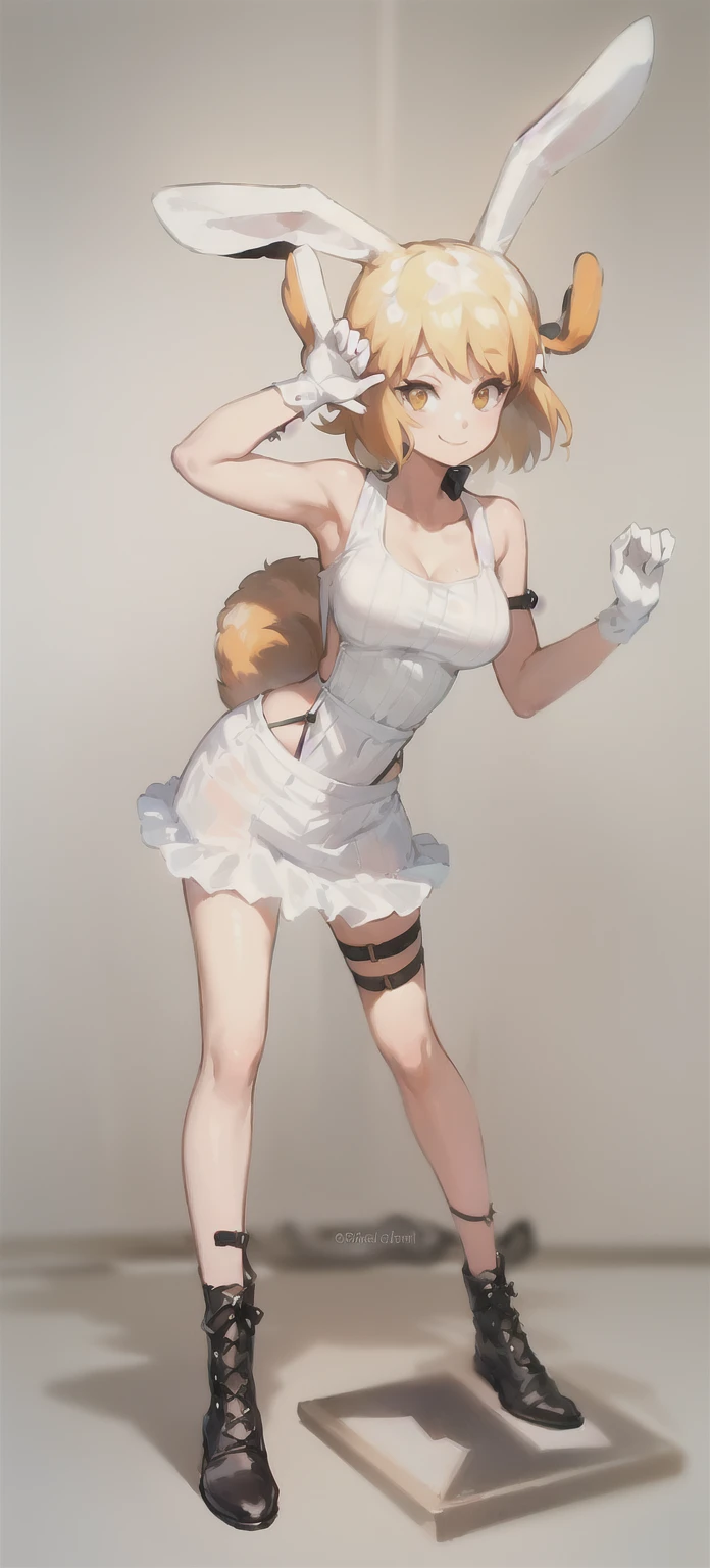best quality,((medium breasts, slim girl, close-up, portrait)), Carrot, 1girl, solo, blonde hair, animal ears, rabbit ears, rabbit girl, furry, short hair, smile, rabbit tail, ((slim girl, medium breasts, animal nose)), 1girl, solo, animal ears, rabbit ears, boots, tail, rabbit girl, rabbit tail, skirt, hat, suspenders, breasts, full body, short hair, ears through headwear