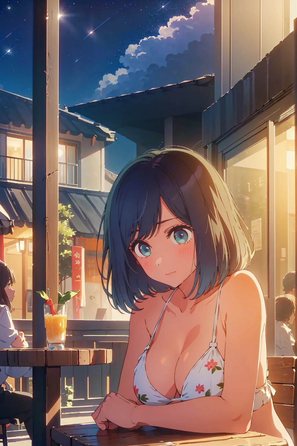 (Highest quality:1.4、masterpiece:1.4、Super detailed:1.4、8K:1.4)、((((1 person、Surprised expression、sit、Outdoor café terrace、coastal、juice、table、Sandy Beach、juiceのグラスを持つ、Plain Bikini、Very soft boobs、Big eyes、Very cute face))))、(moonlight:1.4、at night:1.4)、F cup bust、Medium breast