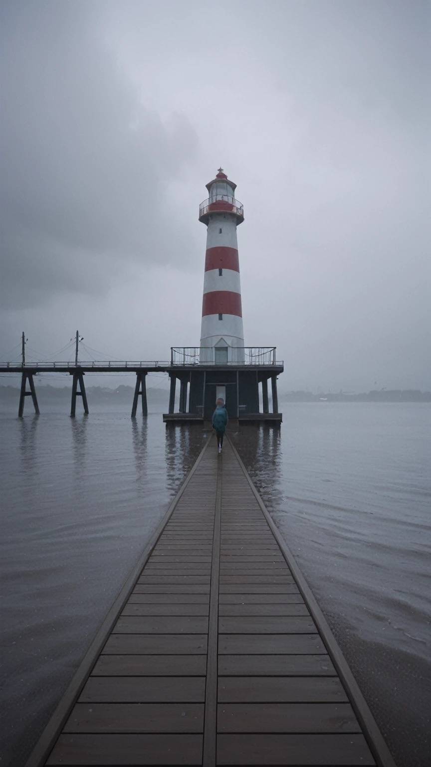 realistic,score_9, score_8_up, score_7_up, 
1girl, coolly standing under rain, cloudy, foggy atmosphere, medium-cooled toned, dull,  ambiance, pier, bay, lighthouse in distance, misty seaside essence