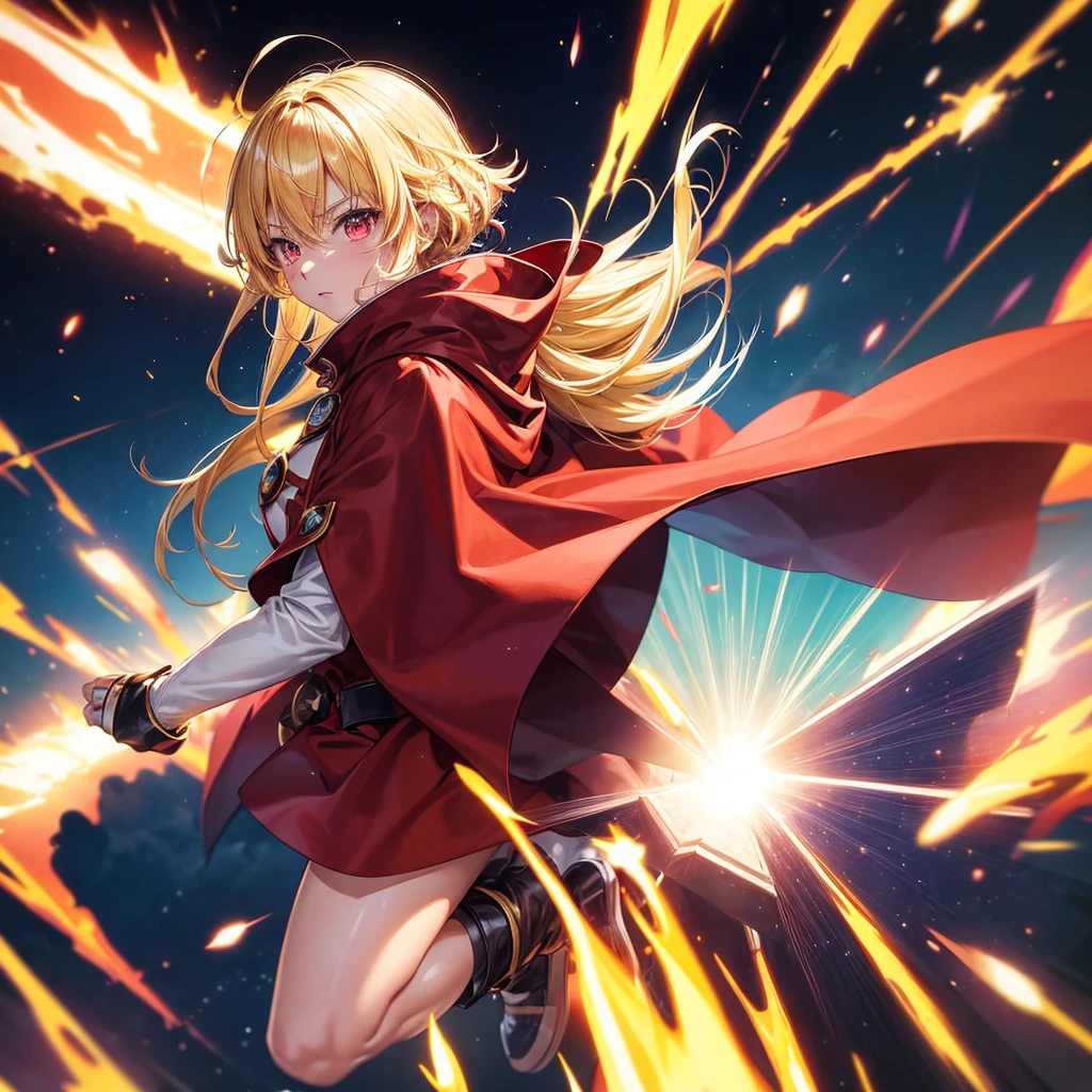 1 Anime Girl ( super hero outfit, hair blonde, Eyes red, red cloak ), several rays of power surrounding his body, flying, cenario ( space ) 