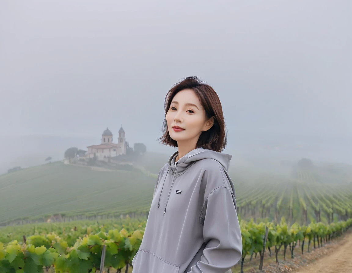 8k best picture quality, Beautiful 36-year-old Korean woman, short and nice weather. Chest size 34 inches, Dense fog at dawn in the Italian countryside, past the vineyard, The cathedral is visible in the fog in the distance., The back background is realistic and vivid quality., Short and medium hair blowing in the wind,Wear a t-shirt, a light windbreaker, and gray jeans.., a faint smile. the background is clear, Short and slim Korean woman, stand far away, Photo taken with a wide-angle lens, Taken from a hill overlooking a misty vineyard, Full body photo taken with Canon Mark 5 camera 16-35 wide angle lens