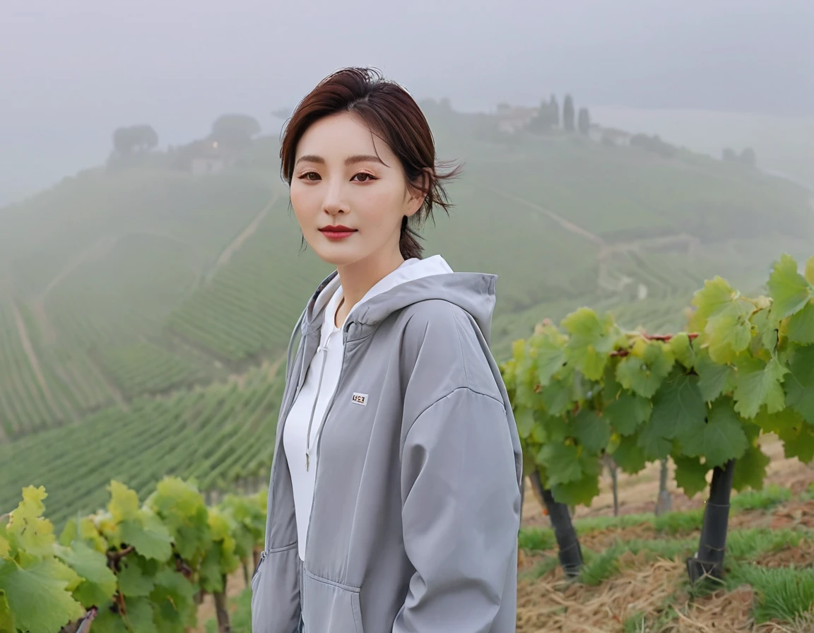 8k best picture quality, Beautiful 36-year-old Korean woman, short and nice weather. Chest size 34 inches, Dense fog at dawn in the Italian countryside, past the vineyard, The cathedral is visible in the fog in the distance., The back background is realistic and vivid quality., Short and medium hair blowing in the wind,Wear a t-shirt, a light windbreaker, and gray jeans.., a faint smile. the background is clear, Short and slim Korean woman, stand far away, Photo taken with a wide-angle lens, Taken from a hill overlooking a misty vineyard, Full body photo taken with Canon Mark 5 camera 16-35 wide angle lens