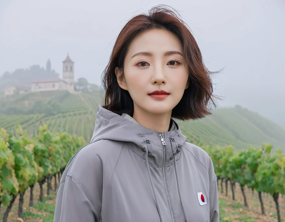 8k best picture quality, Beautiful 36-year-old Korean woman, short and nice weather. Chest size 34 inches, Dense fog at dawn in the Italian countryside, past the vineyard, The cathedral is visible in the fog in the distance., The back background is realistic and vivid quality., Short and medium hair blowing in the wind,Wear a t-shirt, a light windbreaker, and gray jeans.., a faint smile. the background is clear, Short and slim Korean woman, stand far away, Photo taken with a wide-angle lens, Taken from a hill overlooking a misty vineyard, Full body photo taken with Canon Mark 5 camera 16-35 wide angle lens