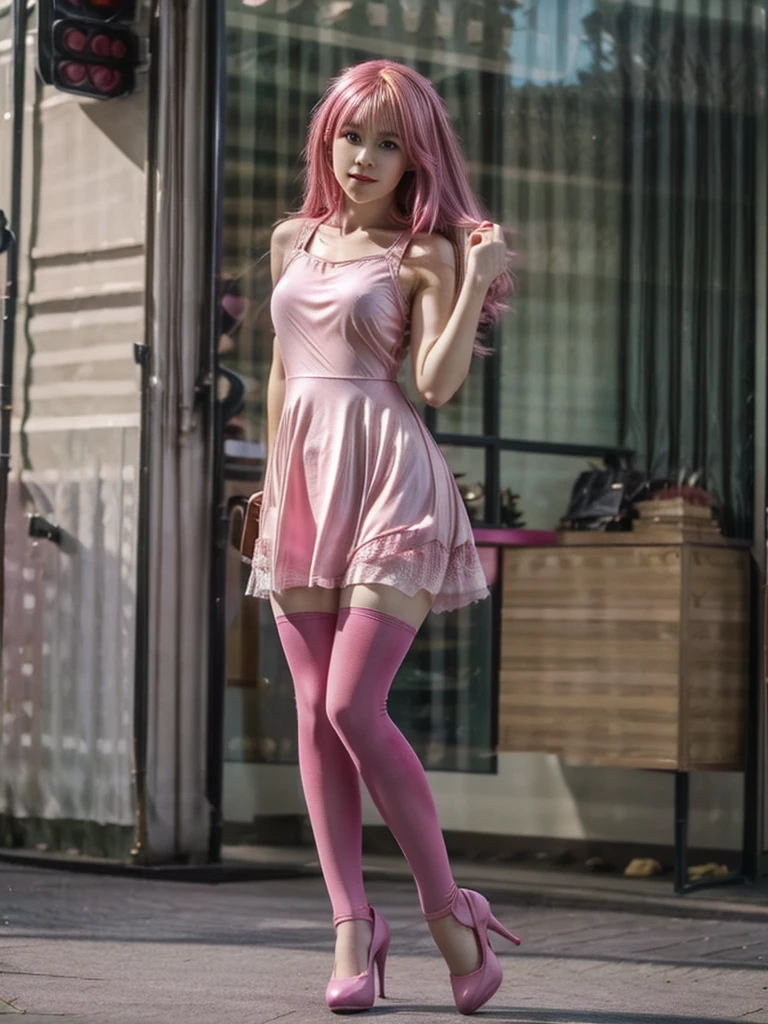 hyper realistic photography of a Cute Girl wearing pink dress and pantyhose tights and high-heeled shoes, town, pink hair, volumetric lightning, good contrast 