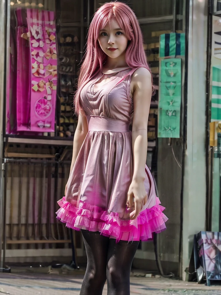 a young asian girl full body wearing fully transparent very short princess dress with pink color 