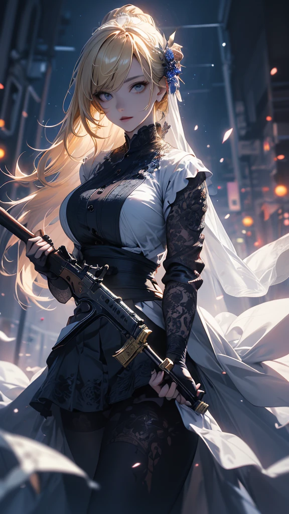 masterpiece, high quality, 4K, Beautiful design, silhouette,blonde, 非常に詳細な夜のStarry Sky,Flower Field, wonderful, Finer details, Very knowledgeable woman, Highly detailed solo, 1 female,Big Breasts,All-white Gothic ta fashion,Firearms equipment,Blood splatter,Night view,Starry Sky,full moon,