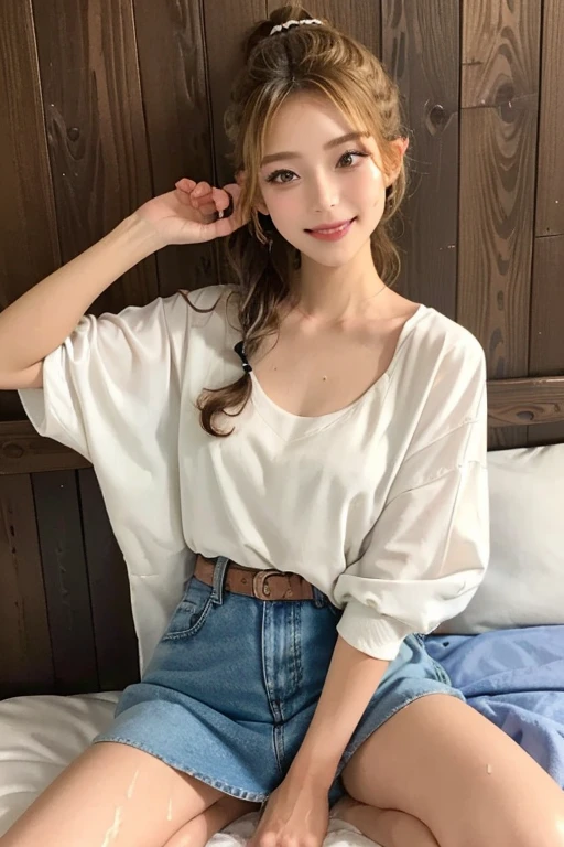 ((Highest quality, 8K, masterpiece: 1.3)), 1 Girl, The beauty of slim abs: 1.3, (Casual Hairstyles, Large Breasts: 1.4), skirt: 1.1, Super delicate face, Beautiful Eyes, double eyelid, smile, On the bed，Full Body Shot，View the whole body，Exquisite small earrings.Princess Hairstyles.Climax expression，Long eyelashes.(Long blonde hair, ponytail)，Spread your legs.甘くて明るいsmile,((nsfw,naked:1.small and clean nipples,Wet Pussy)),Open your legs