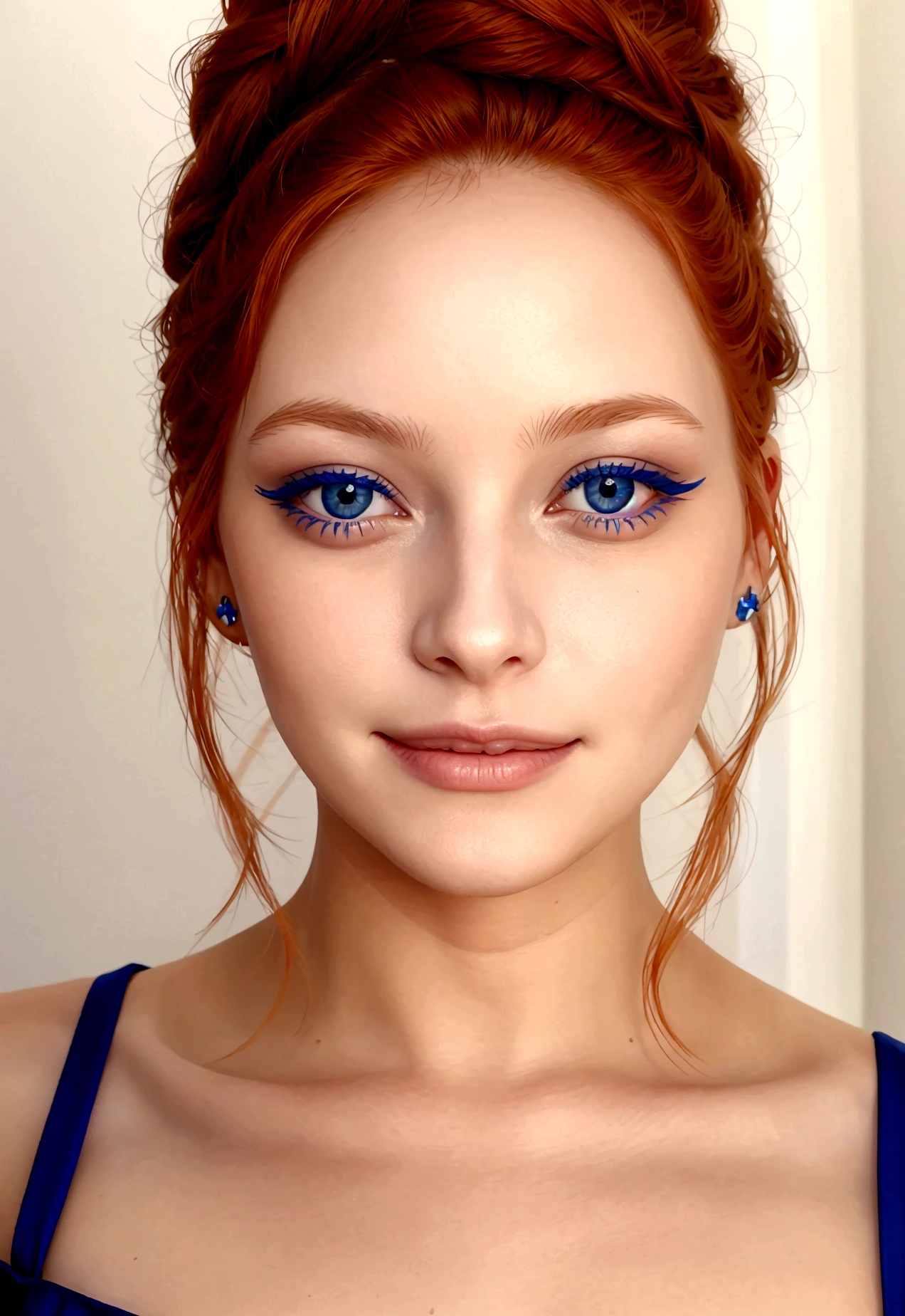 Photo réaliste en pied d'une belle femme rousse aux yeux bleus, Visage souriant, regardant le spectateur dans les yeux, buste captivant, aguicheuse, excitée.