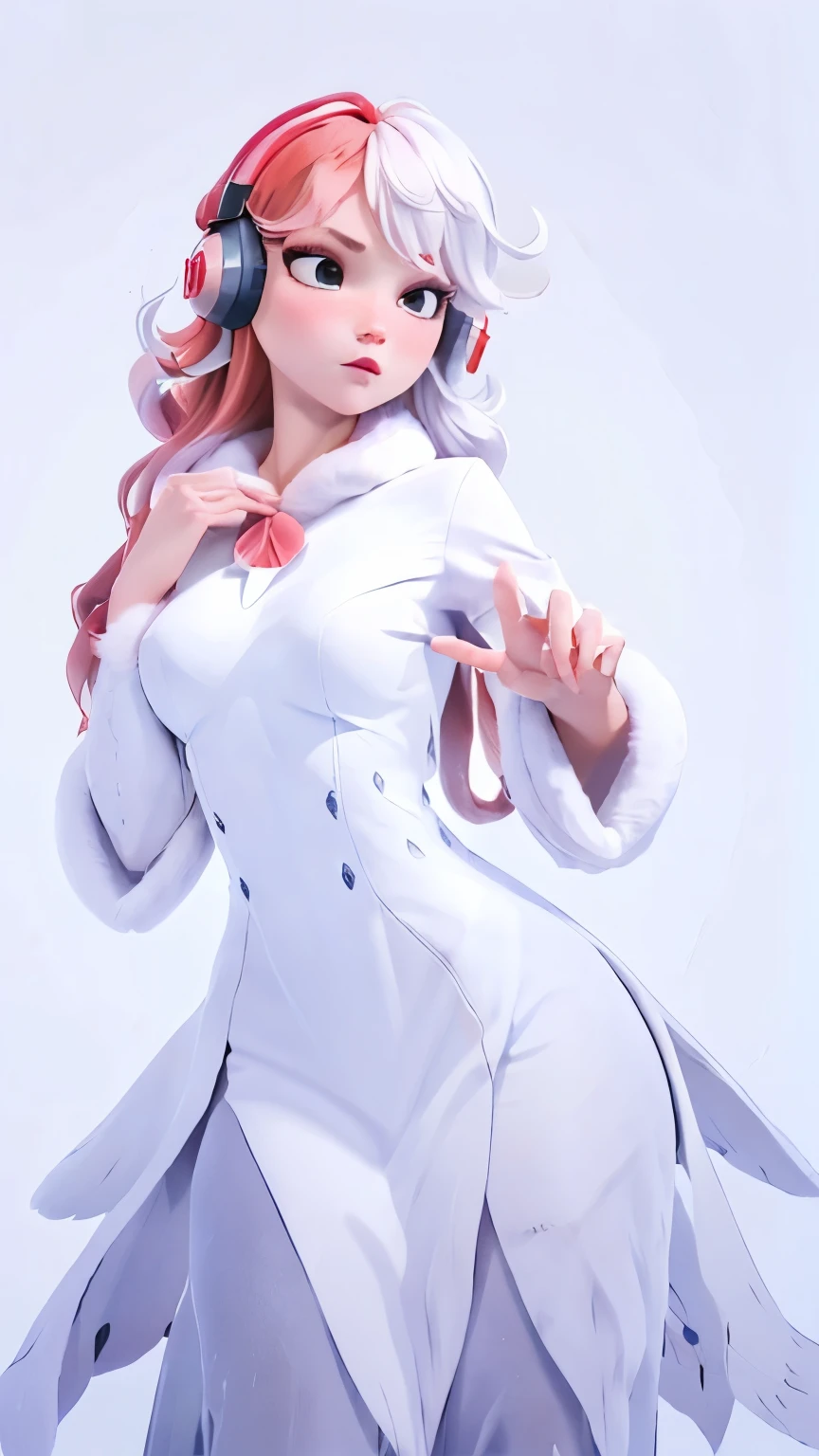 (1 girl, alone, Masterpiece, 4k, Best Quality:1.2, (cowboy shot), Best Quality:1.2, good hands, striking, (perfect hands, perfect anatomy)), 
utaop, headphones,blush, White dress, fur on one, red and white hair, multicolor fur, High average, 
((medium breasts, big hips, looking at the viewer)), 
((simple background, White background)), 