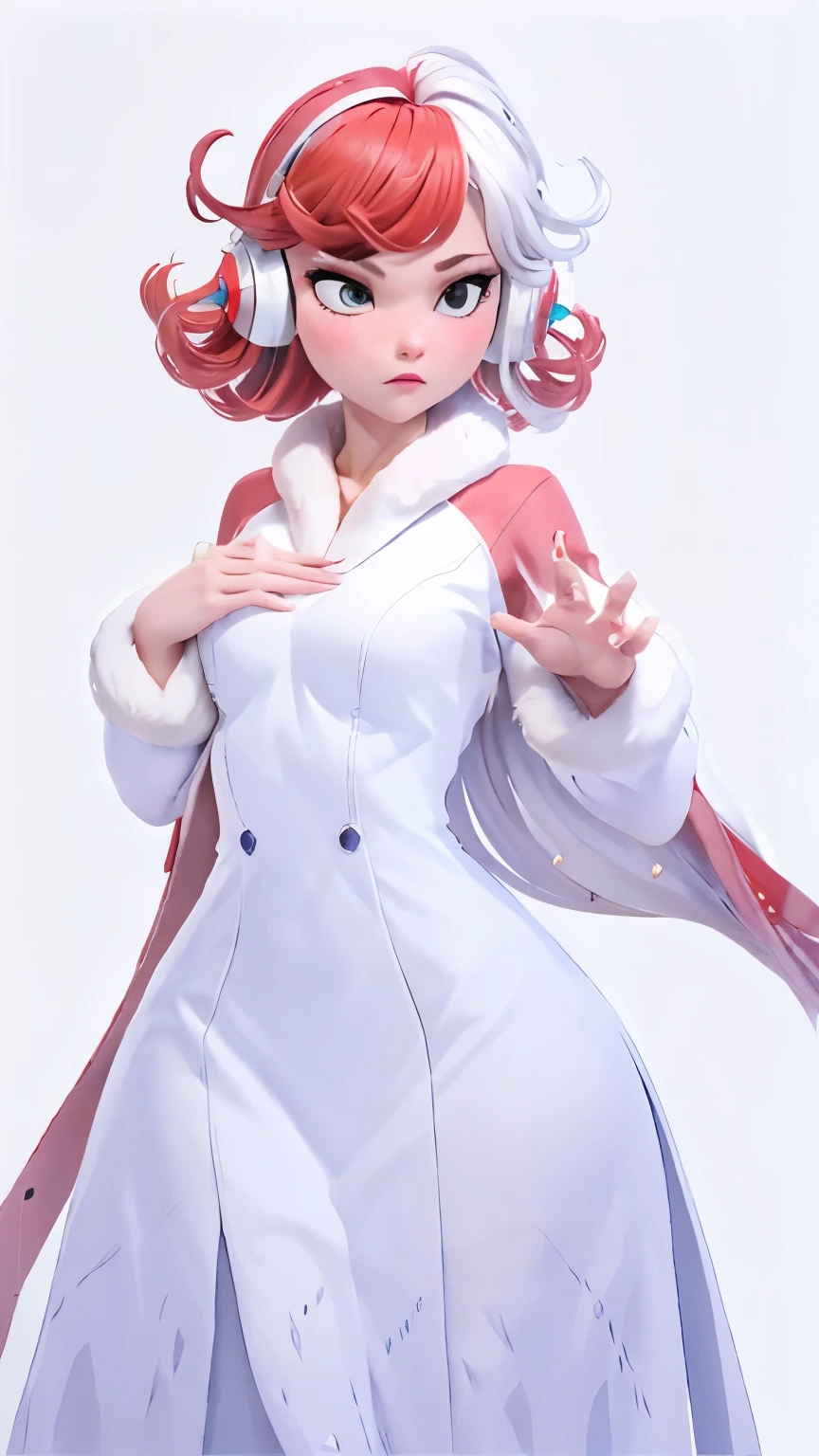 (1 girl, alone, Masterpiece, 4k, Best Quality:1.2, (cowboy shot), Best Quality:1.2, good hands, striking, (perfect hands, perfect anatomy)), 
utaop, headphones,blush, White dress, fur on one, red and white hair, multicolor fur, High average, 
((medium breasts, big hips, looking at the viewer)), 
((simple background, White background)), 