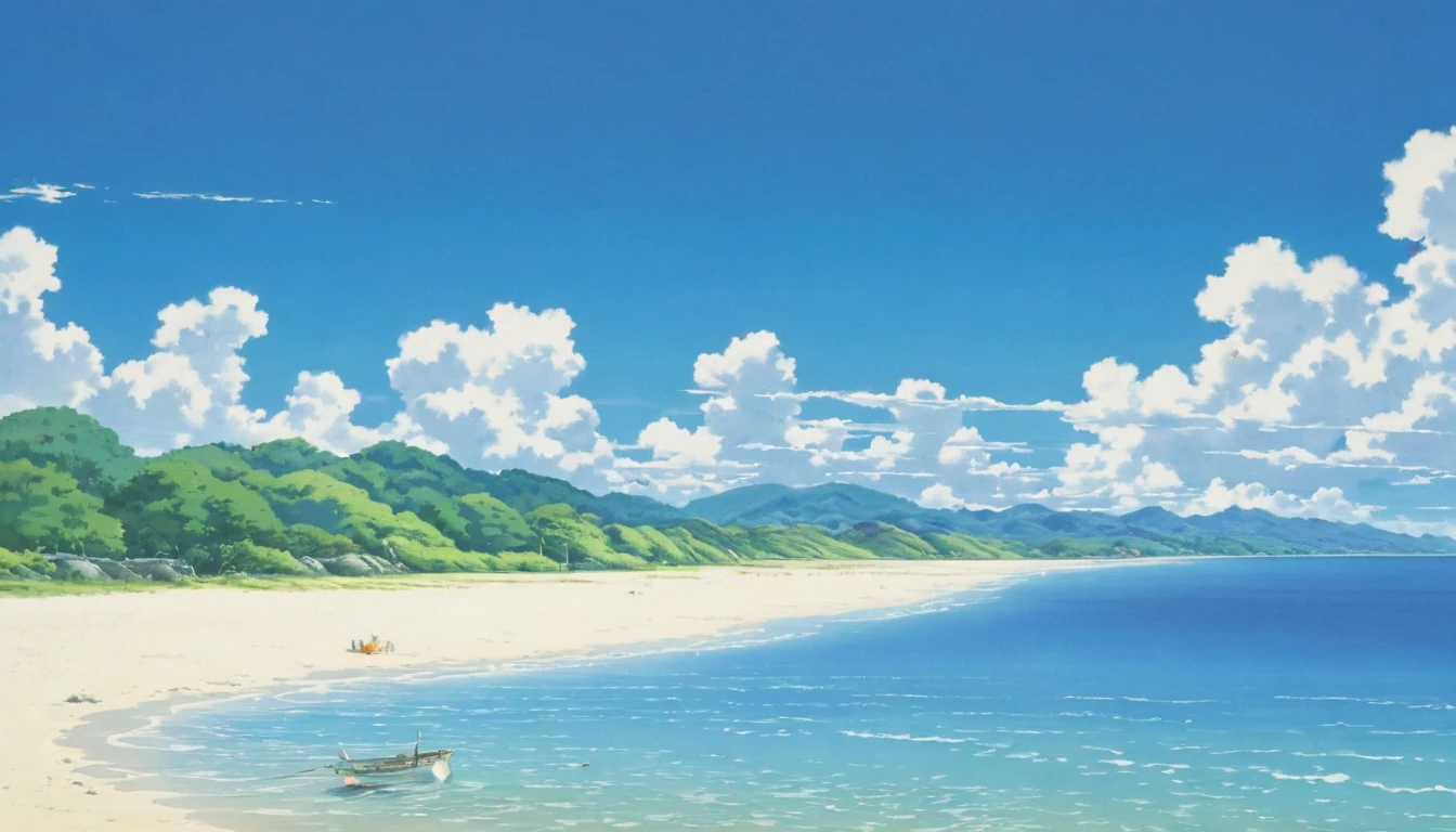 Calm sea, Studio Ghibli Art, Miyazaki, Blue sky and white clouds,White sand beach,unmanned,Sea of Japan
