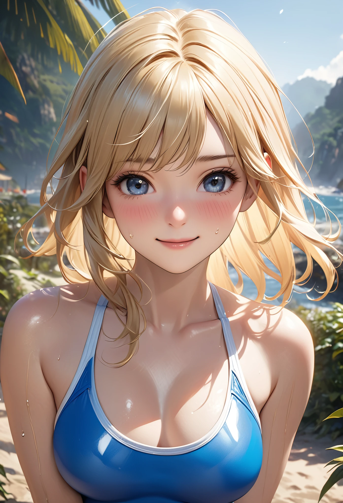 baby face, (very long gold hair:1.5,sidelock:1.5,ponytail), (photorealistic:1.3), (masterpiece, sidelights, exquisite beautiful eyes: 1.5), masterpiece*portrait, realistic, 3D face,,kawaii face,front view: 1.6、 (glowing blue eyes:1.2),plump face:1.5,(tareme:1.5)、(evil smile:1.2),Rosy Mouth,Slim Body,abs, shiny hair, shiny skin: 1.5、medium breasts,cleavage、solo,(stand)、(white micro bikini)、(charactor focus、portlate、upper body:1.5),beach