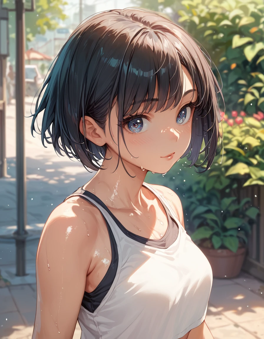 ((masterpiece,Highest quality:1.3,best quality illustration)),((realistic:1.2)),cowboy shot,独奏,1woman,18 year old beauty、black hair,short bob hair,(center parted bangs),black eyes,(gorgeous big eyes),((very small head:1.4)),shy,smile,((slender body:1.2,skinny)),(tan skin:1.4),small breasts,(White tank top、school gym red buruma),gleaming skin,oily skin,slender body,sweat,standing,playground、Schoolyard、School、Tokyo、