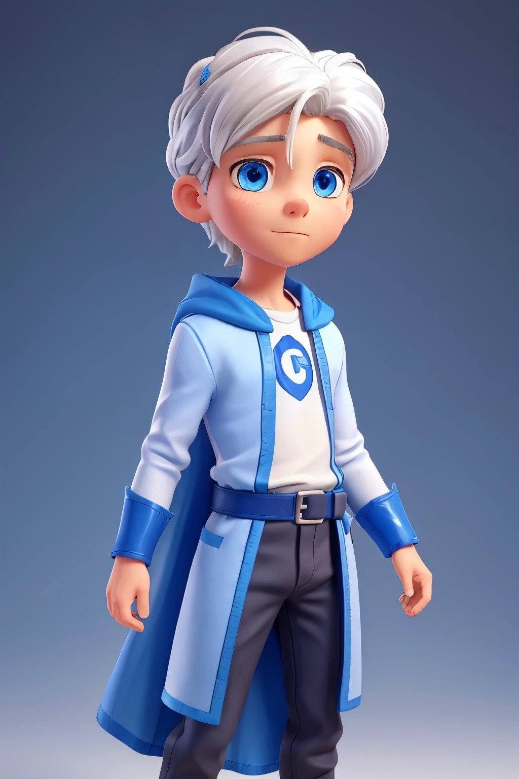 14 year old boy, white hair tied with hairpin, blue eyes blue cape