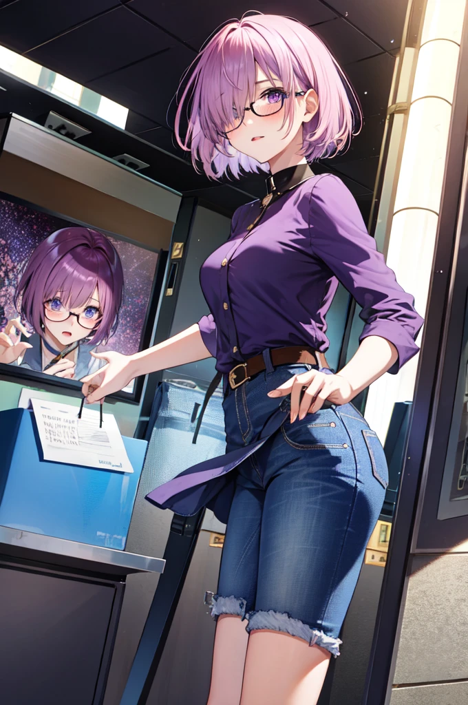 mash kyrielight,hair over one eye,  blush,  purple eyes, solo, 1girl, short hair, glasses, light purple hair, mini skirt, jeans 