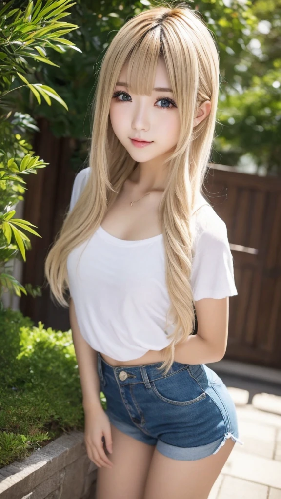 1 Girl、blue sky、明るくてとてもbeautiful顔、young, Shiny white skin、Best Looks、Blonde hair that reflects the light brilliantly、光沢のあるbeautifulブロンドの髪を持つ、Very straight hair、Long bangs、非常にbeautiful17歳、beautiful、Adorable、beautiful女の子、Shorts