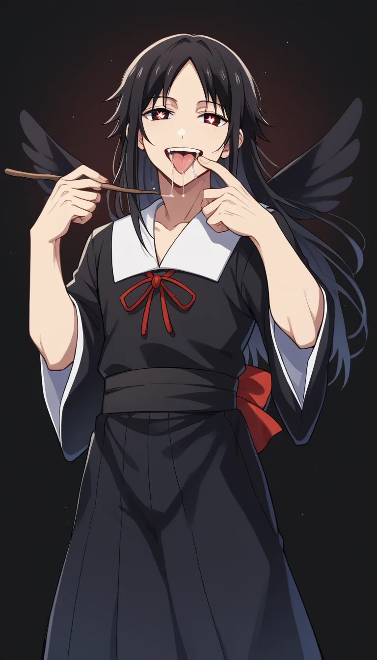 score_9, score_6_climb, source_anime, 1 girl, alone, climbper body, Shinomiya Kaguya, conjunctivitis, black hair, hair ribbon, black dress, white sailor collar, Neck ribbon, red ribbon, Put your hand on your chin., Heart-shaped eyes, no pclimbils, smile softly, tooth, tsurime, red background , stick out your tongue, ????, saliva, flirt, It has black wings., Men's hakama kimono