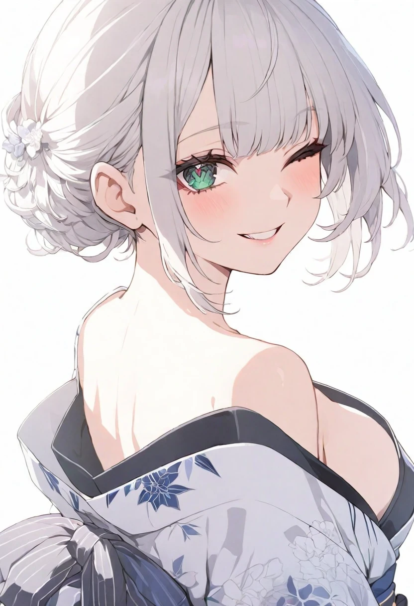 (muste piece), (best quality), very detailed eyes, expressive eyes, perfect face, very detailed face, highly detailed face, beautiful girl, 8K, beautiful girl, white background, delicate and beautiful face and eyes, dark intense shadow,
1 girl, vtuber style, cool girl, hololive, Shirogane Noel, silver hair, kimono, very big chest, clavicle, one eye close winking, smile, (whole body), standing, from back, looking back, sunrsing,