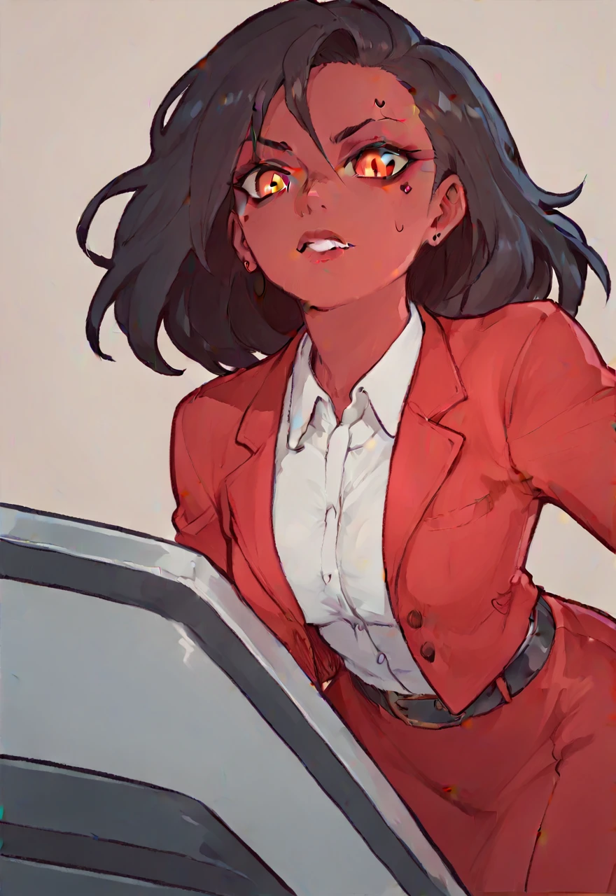 Make a evil military black anime woman in a red skirt suit