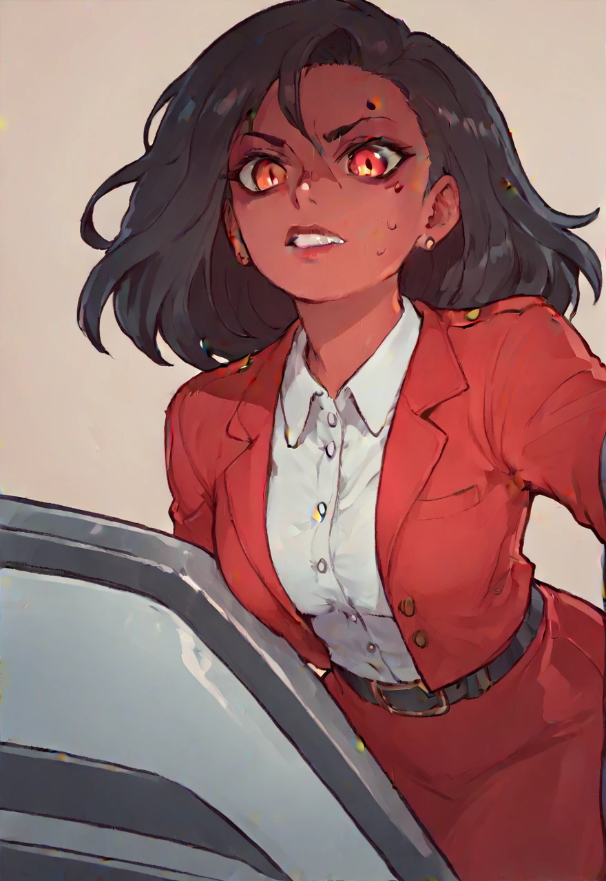 Make a evil military black anime woman in a red skirt suit