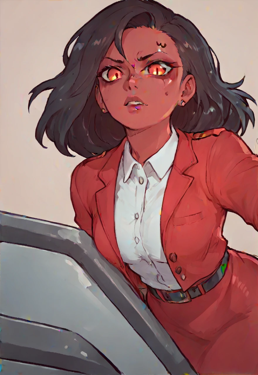 Make a evil military black anime woman in a red skirt suit