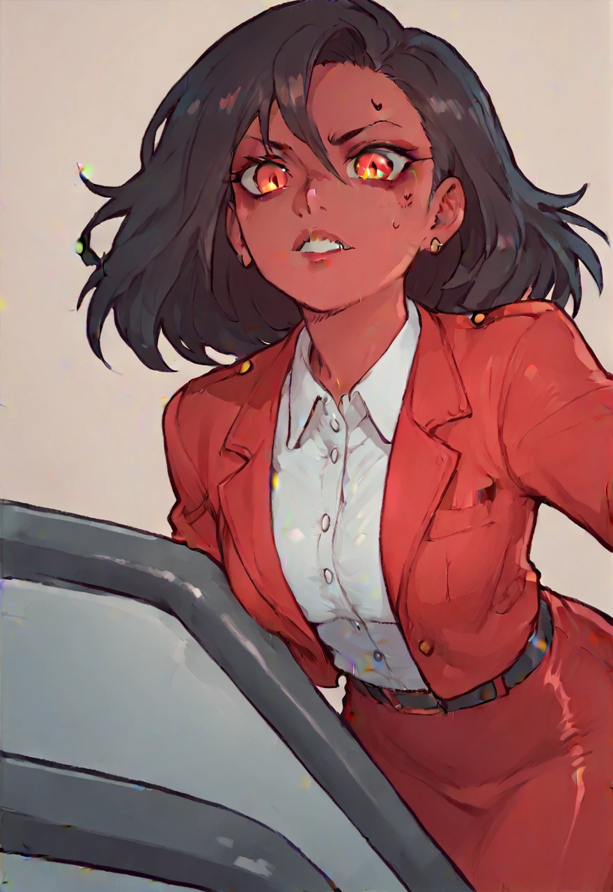 Make a evil military black anime woman in a red skirt suit