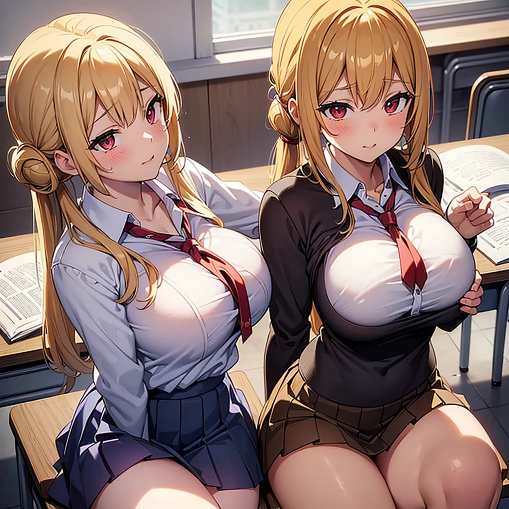 (masterpiece:1.2, best quality), (highly Detailed), ((Students in background)), (in school classroom), day, soft lighting, warm colours (sitting on desk), blonde, twin tails, beautiful red eyes, (soft dark brown skin), (tight clothes), (((big breasts))), ((breast grab)), ((2 girls)), (((breasts squished together))), surprised face, blushing, thighs,((short skirt)), back arched, ((school clothes)), (((hentai)))