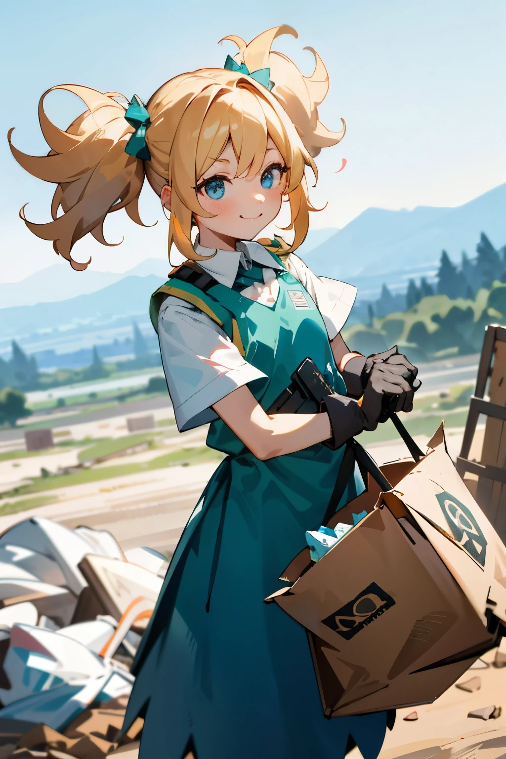 , with a heart full of courage, dons a protective vest and gloves, bravely venturing into the garbage dump. Her small frame is contrasted by the towering mountains of waste around her, yet she remains undeterred. Her blonde hair, tied in two pigtails, gleams under the sun, and her bright blue eyes are filled with determination. She bends down, picking up each piece of trash with utmost care, sorting it into different categories with a small bag she carries along. Her cheeks are flushed with the effort, a small smile playing on her lips as she takes pride in her little contributions towards cleaning up the environment.