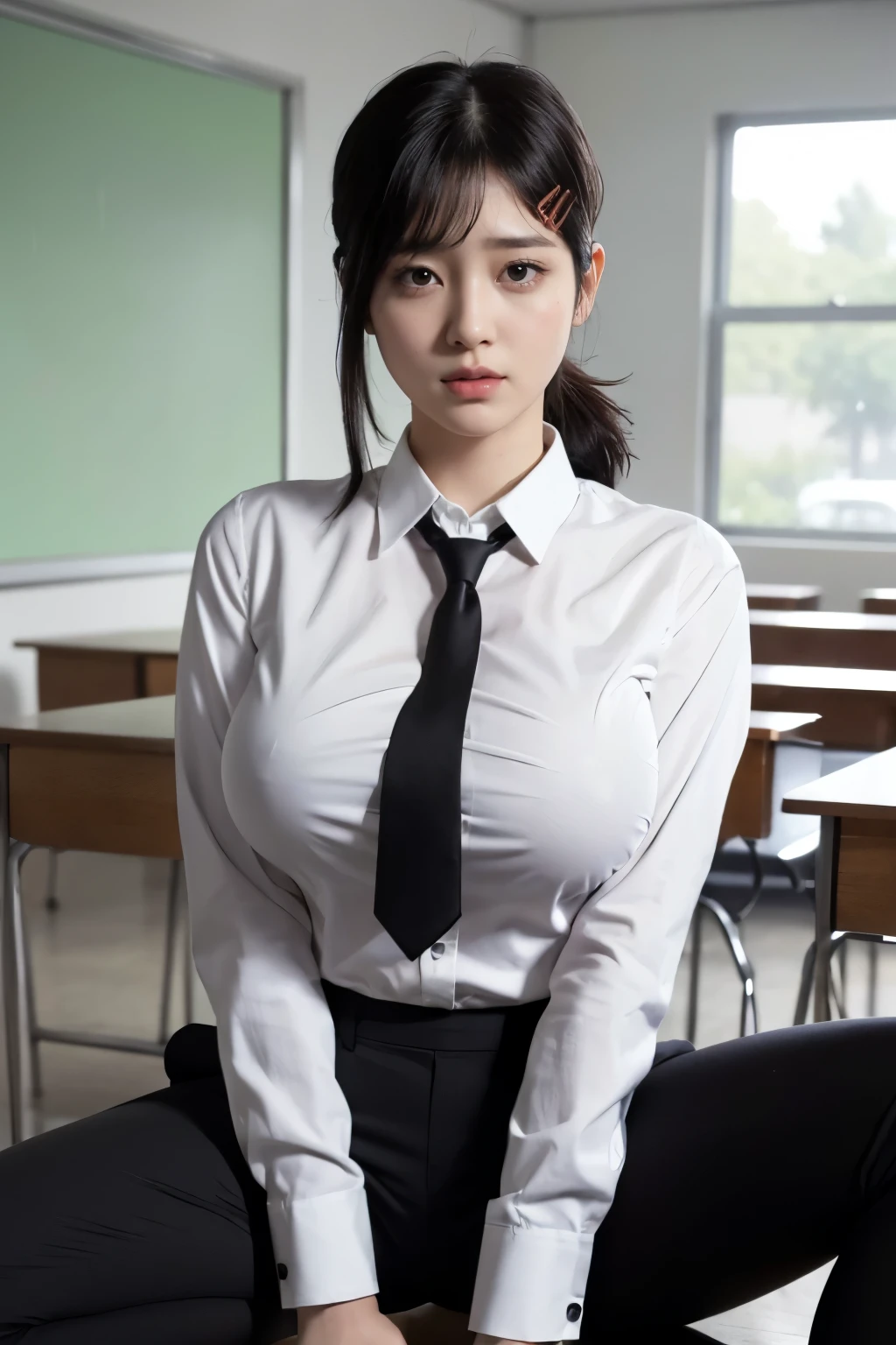 Highest quality、Ultra-high resolution、Raw photo、Professional Lighting、Detailed Background、In the classroom、((whole body)), 18-year-old female, Kobeni-chan、cute, Pure black hair, Black-haired, Bans, One-sided hair,、(Red Hair Clip:1.1),Brown eyes、(White collared shirt:1.4)+(Black tie)+(Black work trousers:1.3)、Large sagging breasts、(Huge breasts that look like they might burst:1.5)、(Big thighs:1.3),Modest abdominal muscles、Detailed skin、Beautiful white skin、Sweaty skin、Laughter､Blushing、Spread your legs wide、