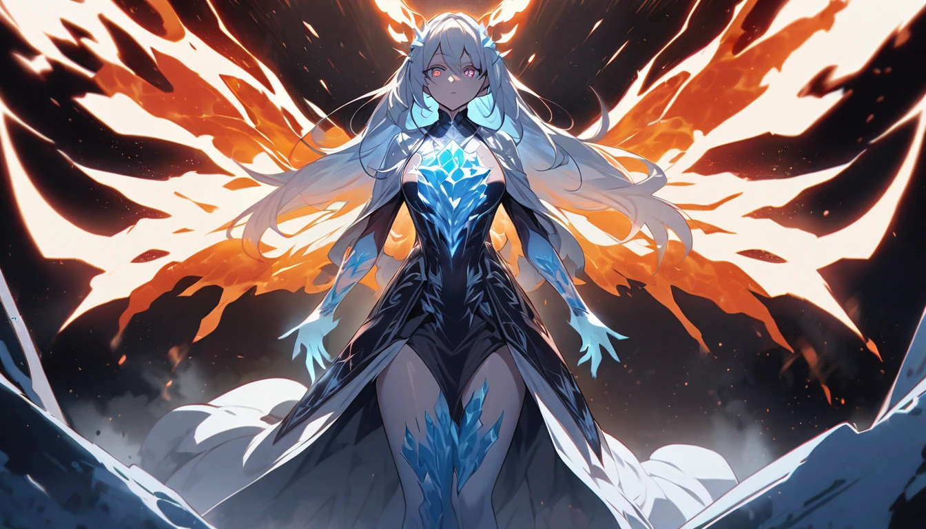 one female character, with a sadistic look, with the power of ice and fire,with a coat and detailed skirt,having two forms, below its humanoid form and above its transcendent form, in the setting being space.