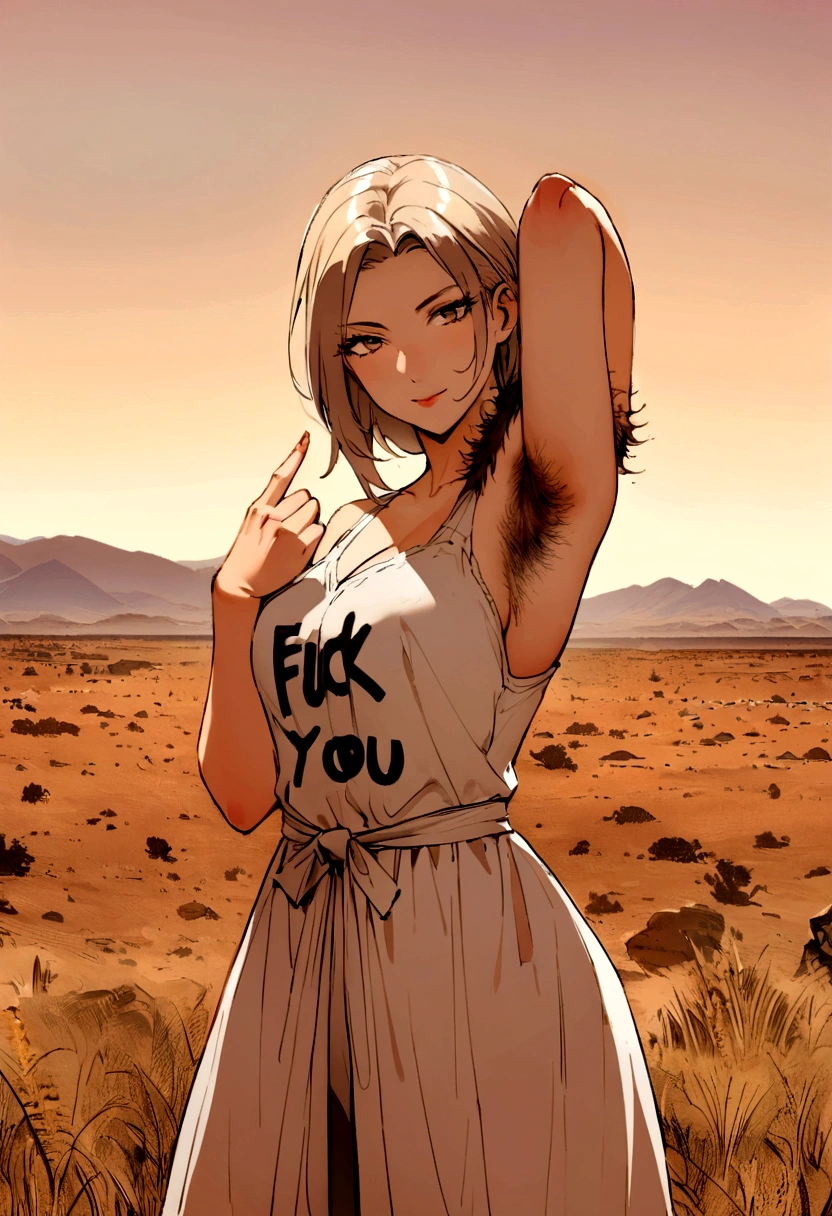 A Western woman with a lot of armpit hair、Provocatively showing armpit hair in front。One hand holds up the middle finger in the "fuck you" sign。