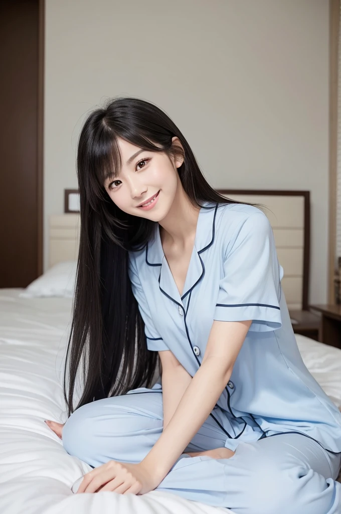 Have flowing medium length hair、Very Beautiful Japan Woman。She is wearing short-sleeved pajamas、It has striking bluish-black eyes.、Smiling and posing gracefully。On the bed in a room with white walls in the background。
The image style is realistic.、It adds a touch of glamour.。