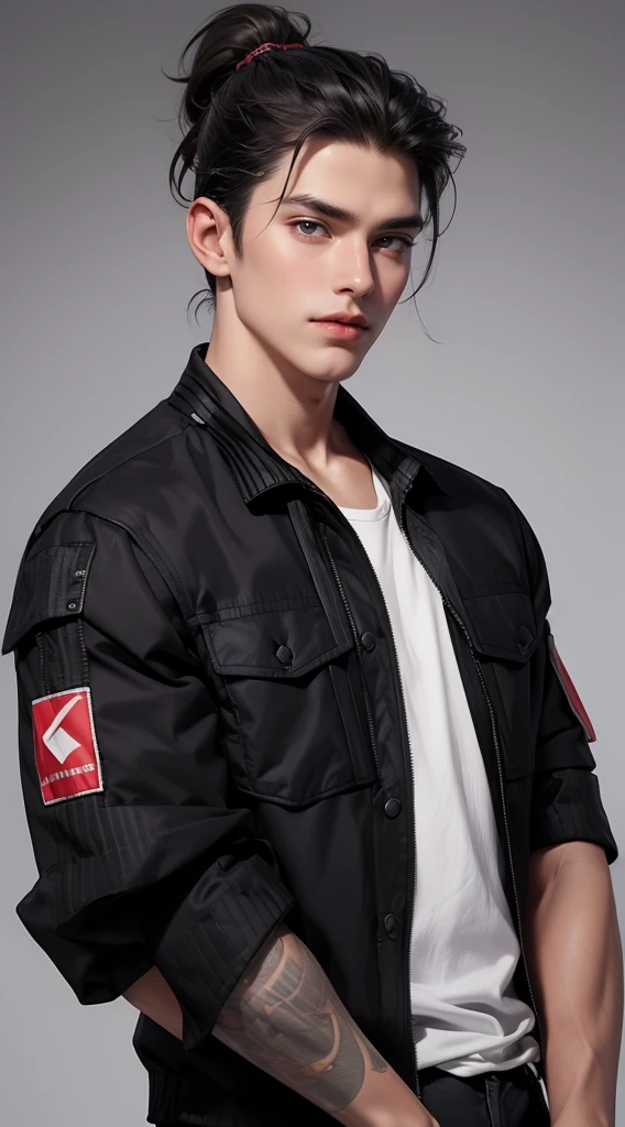 a man, muscualr,strong body,trained, ((wearing half sleeve black jacket:1.5)), (best quality,4k,8k,highres,masterpiece:1.2),ultra-detailed,realistic,professional,(portraits,concept artists),vivid colors,sharp focus,HDR,studio lighting,(black hair:1.1),(purple eyes:1.1), hair reaching the above neck, tied in a short half-ponytail, dutch feature, tanned skin